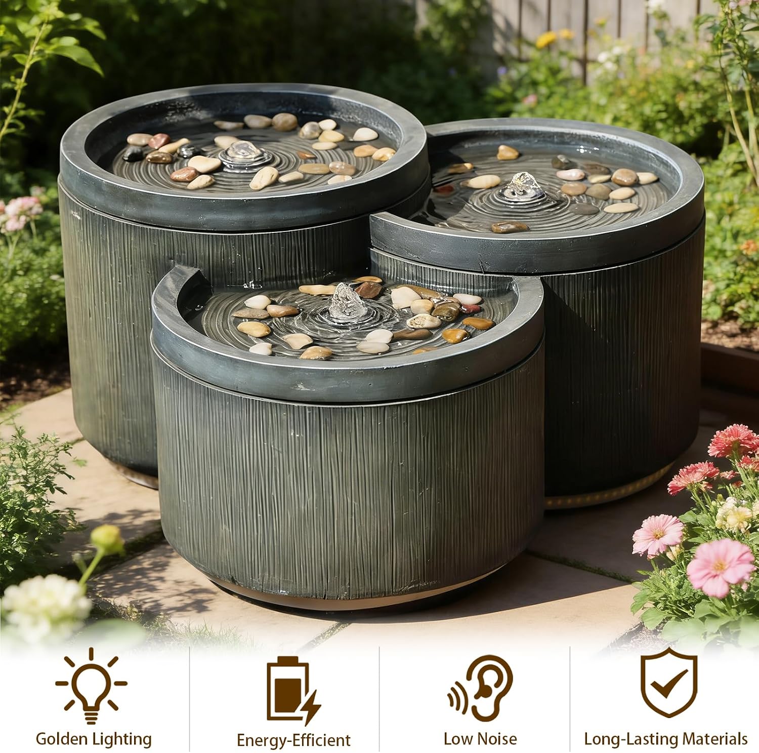Sunlinua Small Modern Outdoor Water Fountain with 3 Led Lights Tiered Cascading Waterfall Feature with Quiet Pump Floor Water Fountain for Patio Garden Backyard Home and Indoor Décor Black Gray