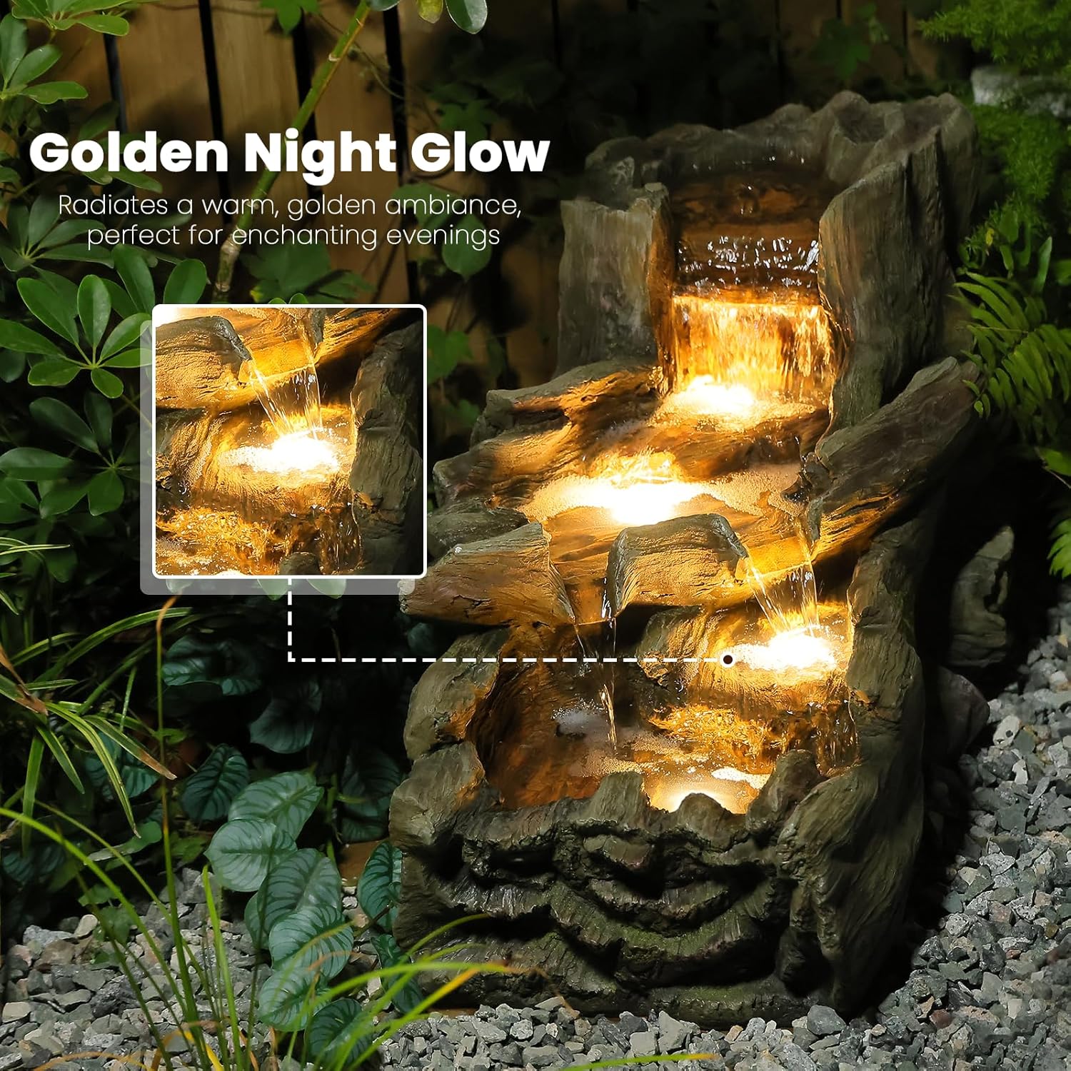 Sunlinua 34.25' L Outdoor Water Fountain with 3 Tiers Large Cascading Realistic Tree Trunk Waterfall Fountains with LED Lights Outdoor Water Fountain for Garden Patio Backyard Porch Home Decor