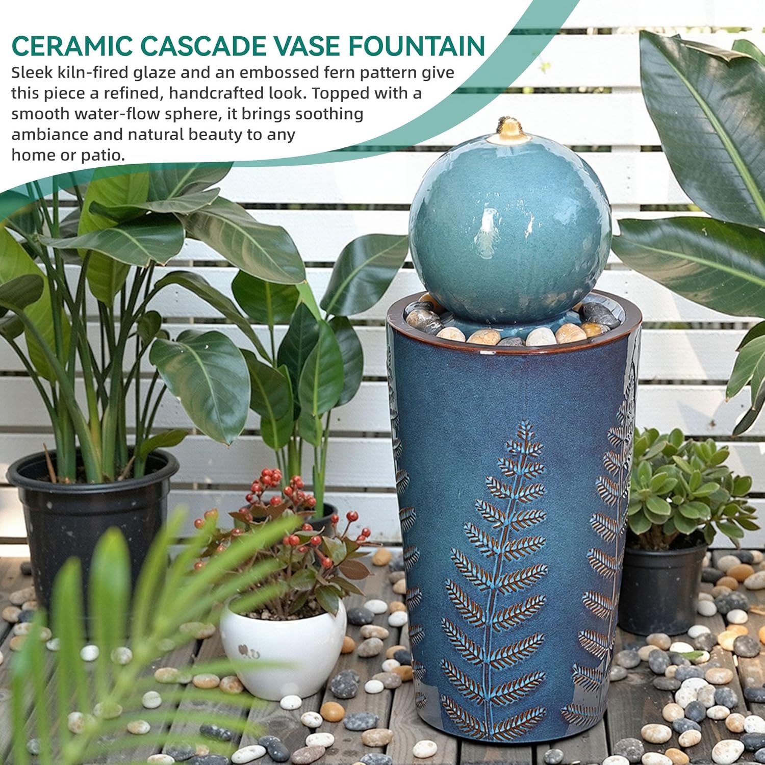 29.5' H Ceramic Sphere Water Fountain with LED Lights, Modern Nature-Inspired Design, Teal Blue Glaze with Leaf Patterns & Pebbles, Soothing Trickling Water Feature for Patio, Yard and Garden