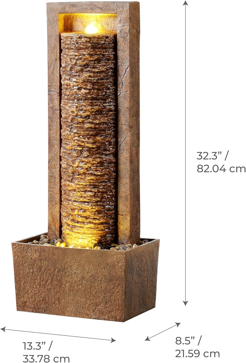 Teamson Home Framed Layered Rock Design Patio Water Fountain–Warm Glow Lighting with Steady Flow & Electric Pump, Brown