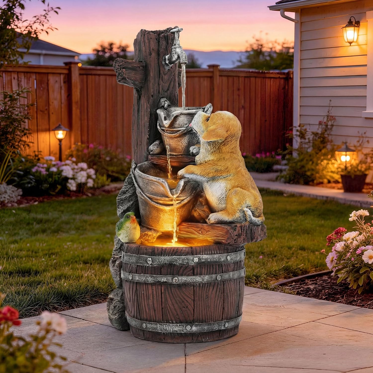 24.5' Puppy & Green Bird Outdoor Fountain, 3-Tier Pastoral Water Feature with LED Lights, Resin Buckets & Wooden Barrel Soothing Cascading Waterfall for Patio, Backyard, Garden