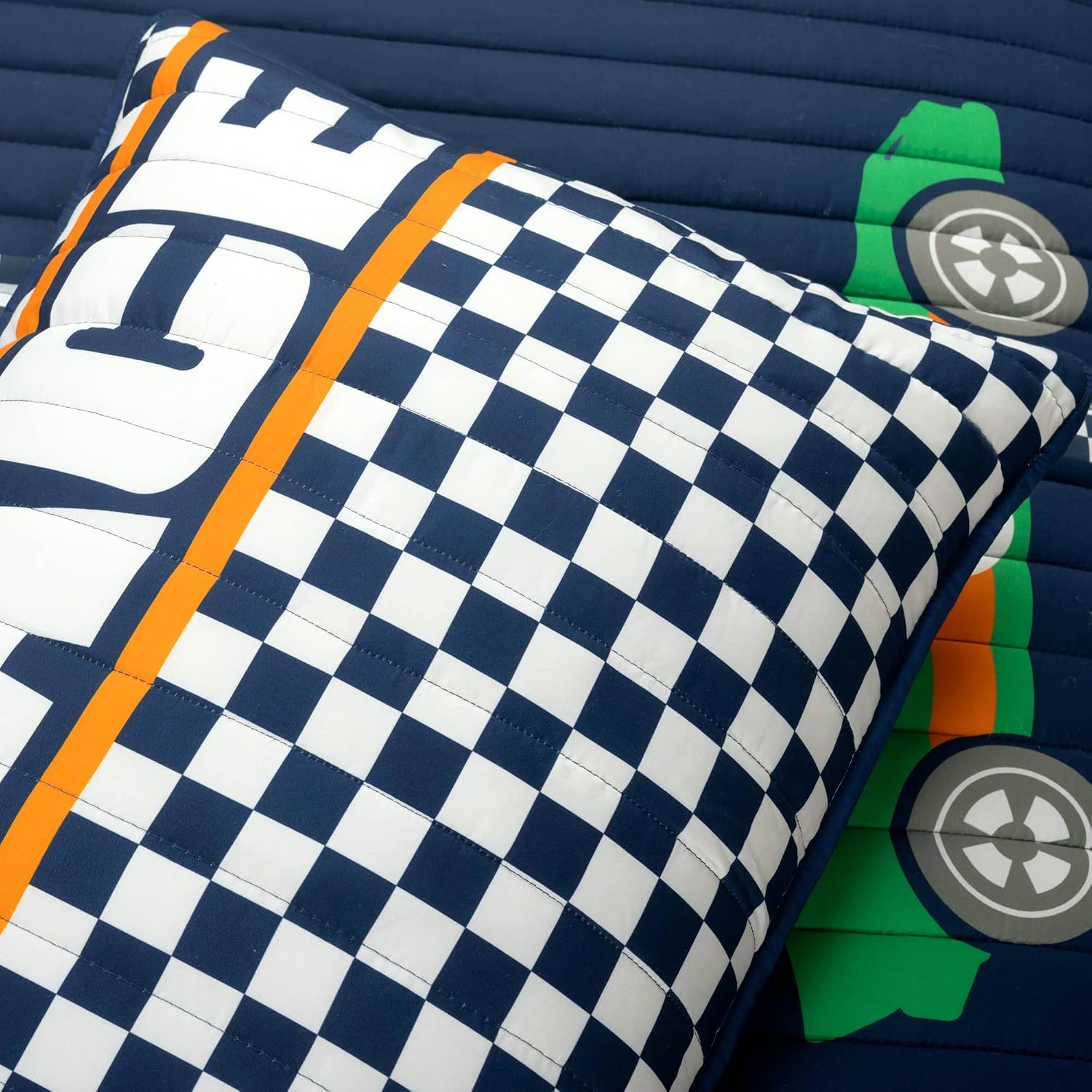 Lush Decor Racing Cars Reversible Quilt Queen Size 5 Piece Set Full/Queen Navy - Kids Bedding Set Queen Quilt - Car Decor