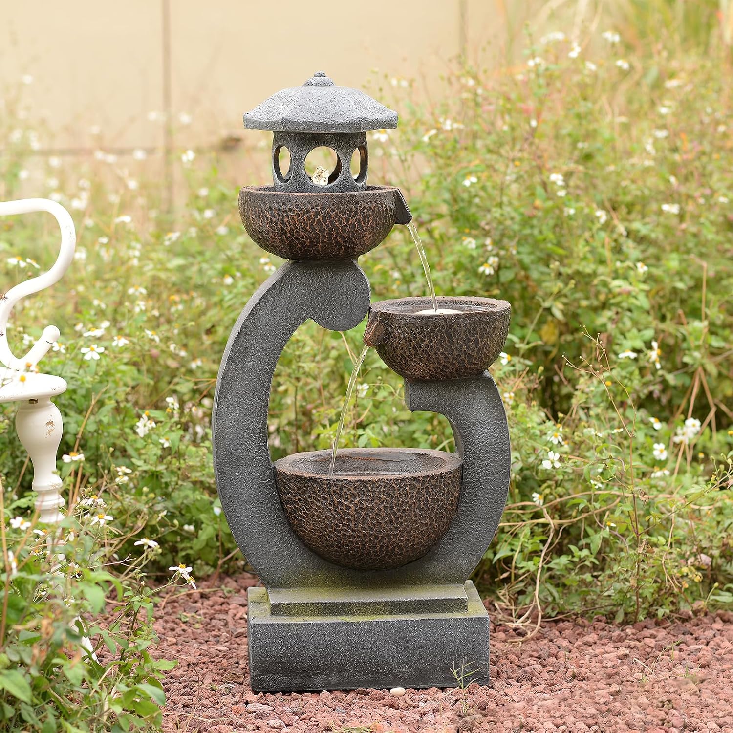 Outdoor Water Fountain with LED Lights, 3-Tier Zen Garden Fountain for Patio, Yard & Porch Decor – Durable Resin Waterfall Feature with Modern Japanese-Style Design, 35' Tall