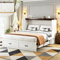 Full Size Murphy Bed with Charging Station and Large Drawer, Farmhouse Cabinet Bed with Storage, Multifunctional Wood Hidden Folding Bed Frame for Bedroom, White