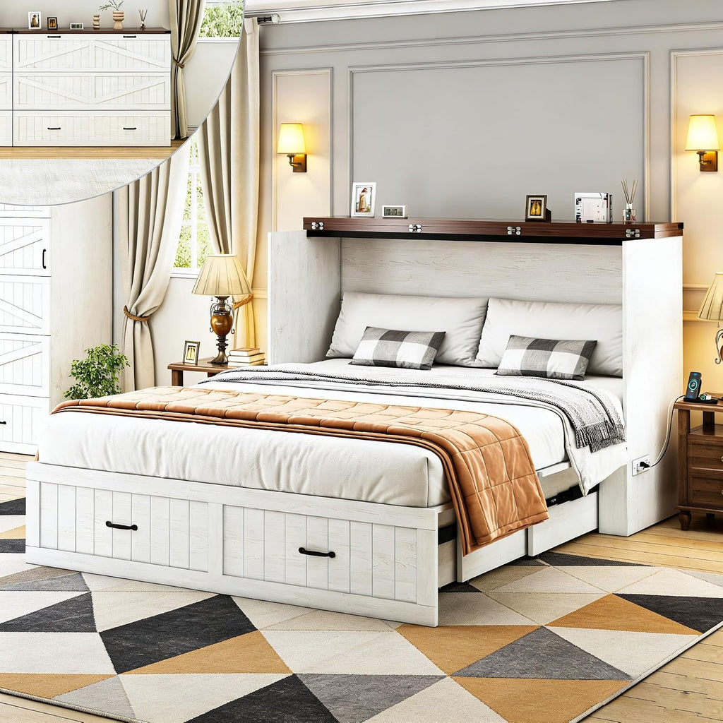 Queen Size Murphy Bed with Charging Station and Large Drawer, Farmhouse Cabinet Bed with Storage, Multifunctional Wood Hidden Folding Bed Frame for Bedroom, White