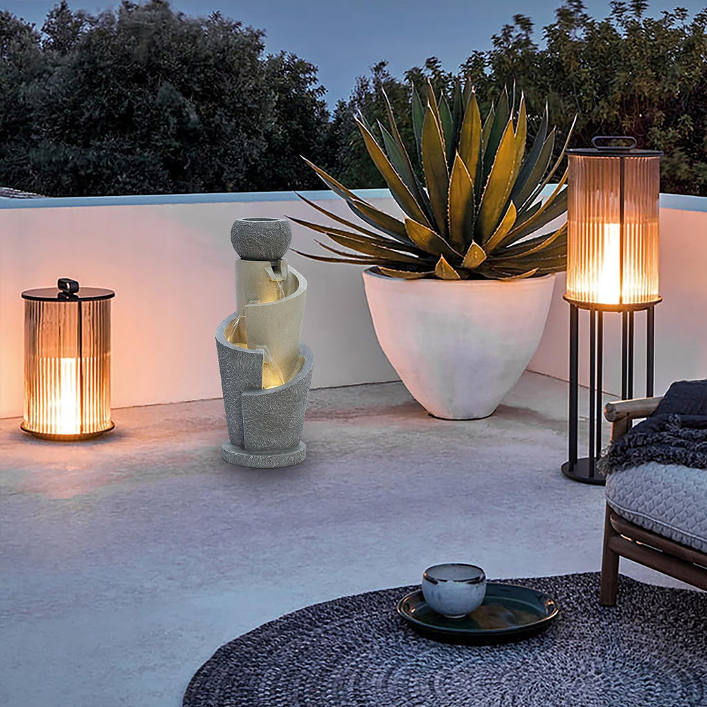 LuxenHome Outdoor Water Fountain, 27 Inch Resin Cascading Water Fountains Indoor with LED Lights, Modern Garden Decor, Small Waterfall Fountain, Outdoor Fountains and Waterfalls