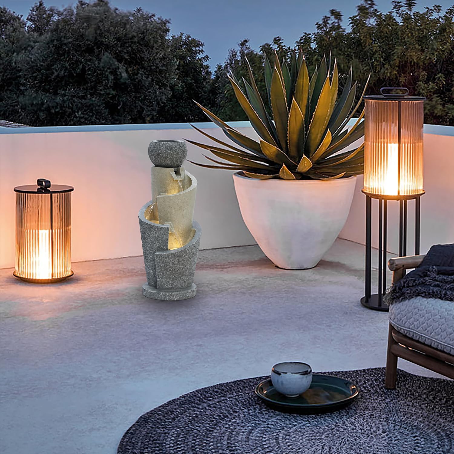 LuxenHome Outdoor Water Fountain, 27 Inch Resin Cascading Water Fountains Indoor with LED Lights, Modern Garden Decor, Small Waterfall Fountain, Outdoor Fountains and Waterfalls