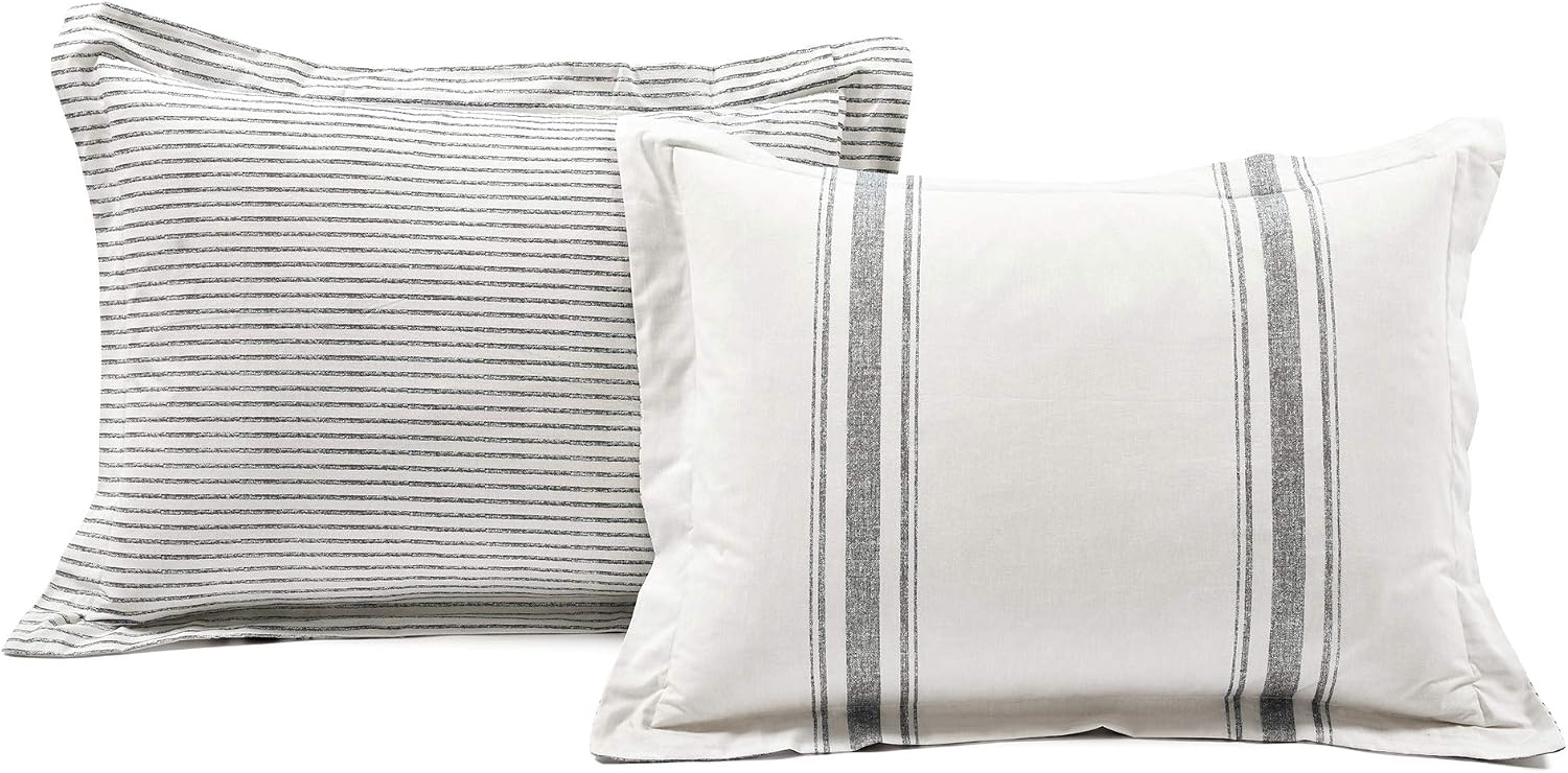 Lush Decor Farmhouse Stripe Reversible Cotton Duvet Cover King Size 3 Piece Set Gray - Farmhouse Bedding Set King - Striped Duvet Cover