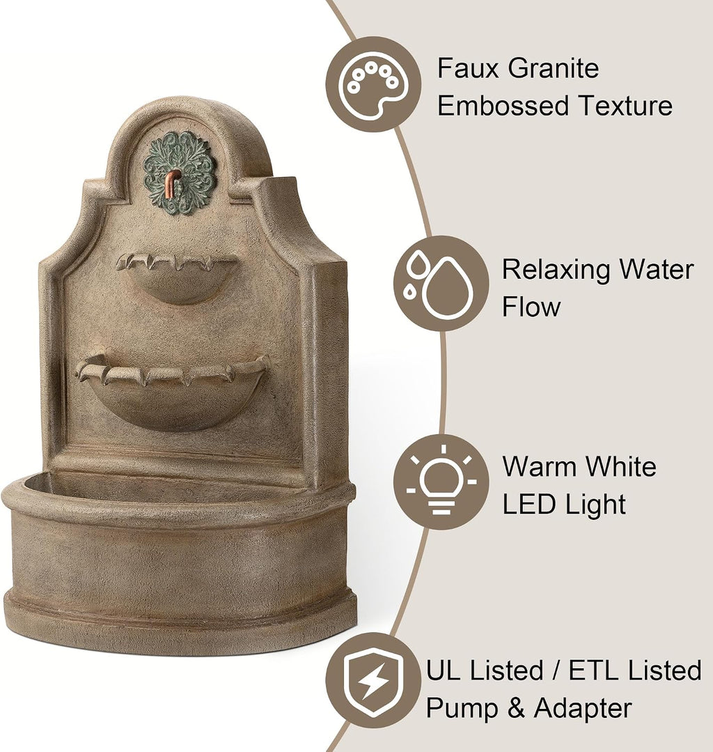 Glitzhome 37.25' H Outdoor Garden Water Fountain with LED Lights and Pump, Oversized Antique European Style 3-Tier Polyresin Cascading Floor-Standing Fountain for Porch Deck Patio Backyard Decoration