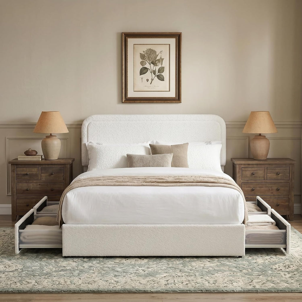 Queen Size Ivory Boucle Upholstered Platform Bed Frame with 4 Storage Drawers, Adjustable Curved Tufted Headboard, Heavy Duty Metal Frame (Boucle, Curved Headboard, Ivory, 4 Drawers)