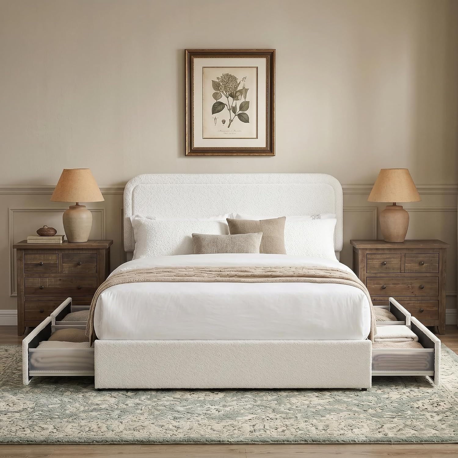 Queen Size Ivory Boucle Upholstered Platform Bed Frame with 4 Storage Drawers, Adjustable Curved Tufted Headboard, Heavy Duty Metal Frame (Boucle, Curved Headboard, Ivory, 4 Drawers)
