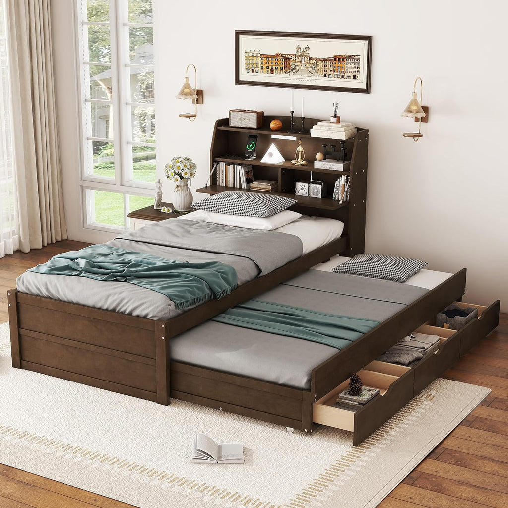 VilroCaz Modern Multi-Function Twin Size Platform Bed with Trundle and 3 Drawers, Wood Captain Platform Bed Frame with Storage Headboard and Night Light, Maximized Space