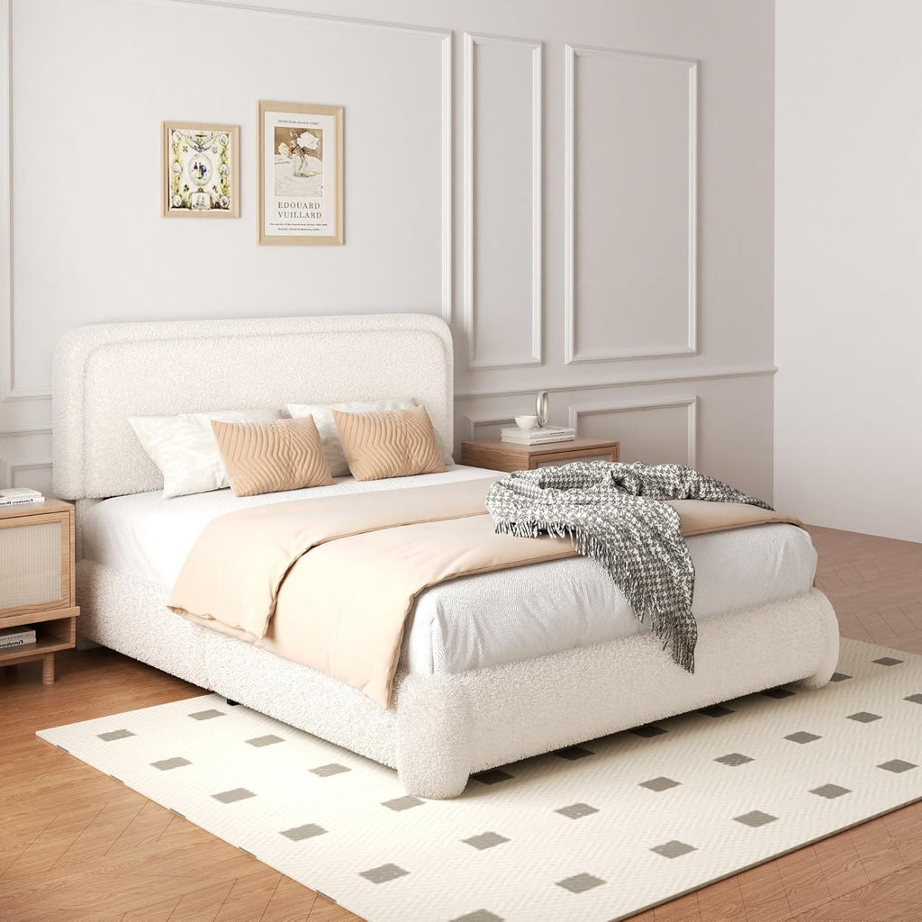 Full Size Boucle Bed Frame with Adjustable Headboard, Upholstered Cloud Platform Bed, Anti-Collision Soft Rounded Corners, No Box Spring Needed, Easy Assembly, Noise Free, Beige