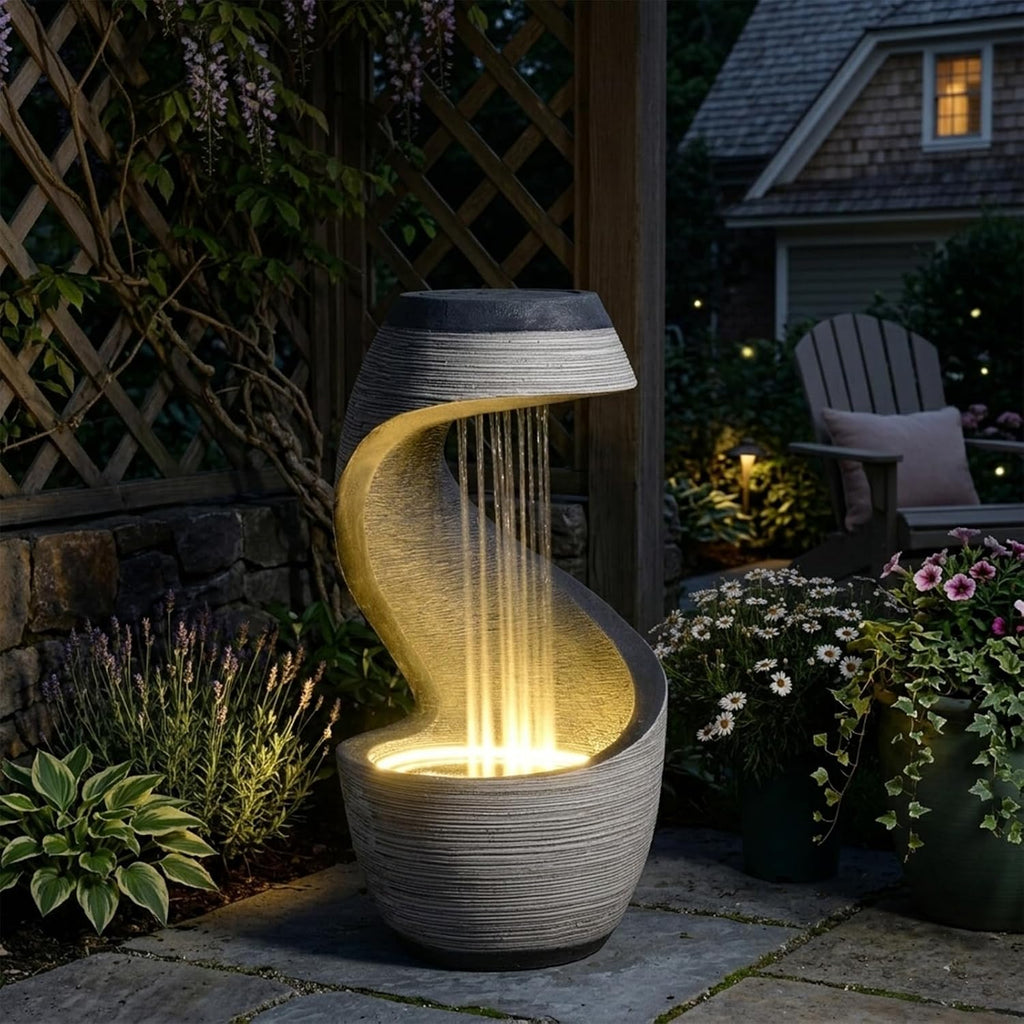 37' S-Shaped Outdoor Water Fountain with LED Lights, Modern Resin Cascading Waterfall Feature for Garden, Patio, Backyard or Porch, Large Decorative Zen Water Feature – 21' L x 21' W x 37.9' H