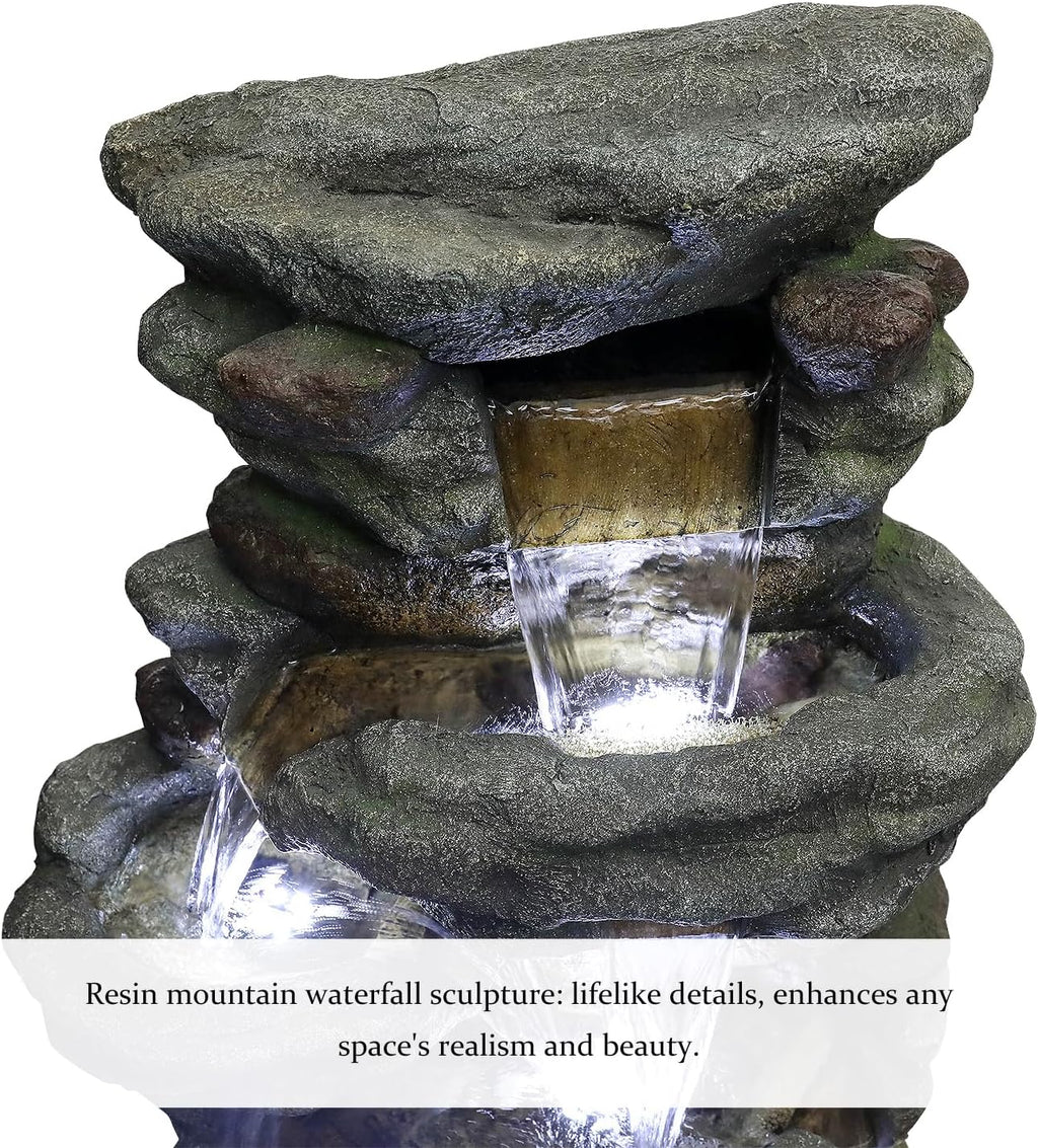 SunJet 51' High Multi-Tiers Cascading Rock Outdoor Water Fountain with LED Lights - Large Outdoor Fountains and Waterfalls for Garden or Patio, Yard, and Deck Decor, Featuring Natural Stone Look
