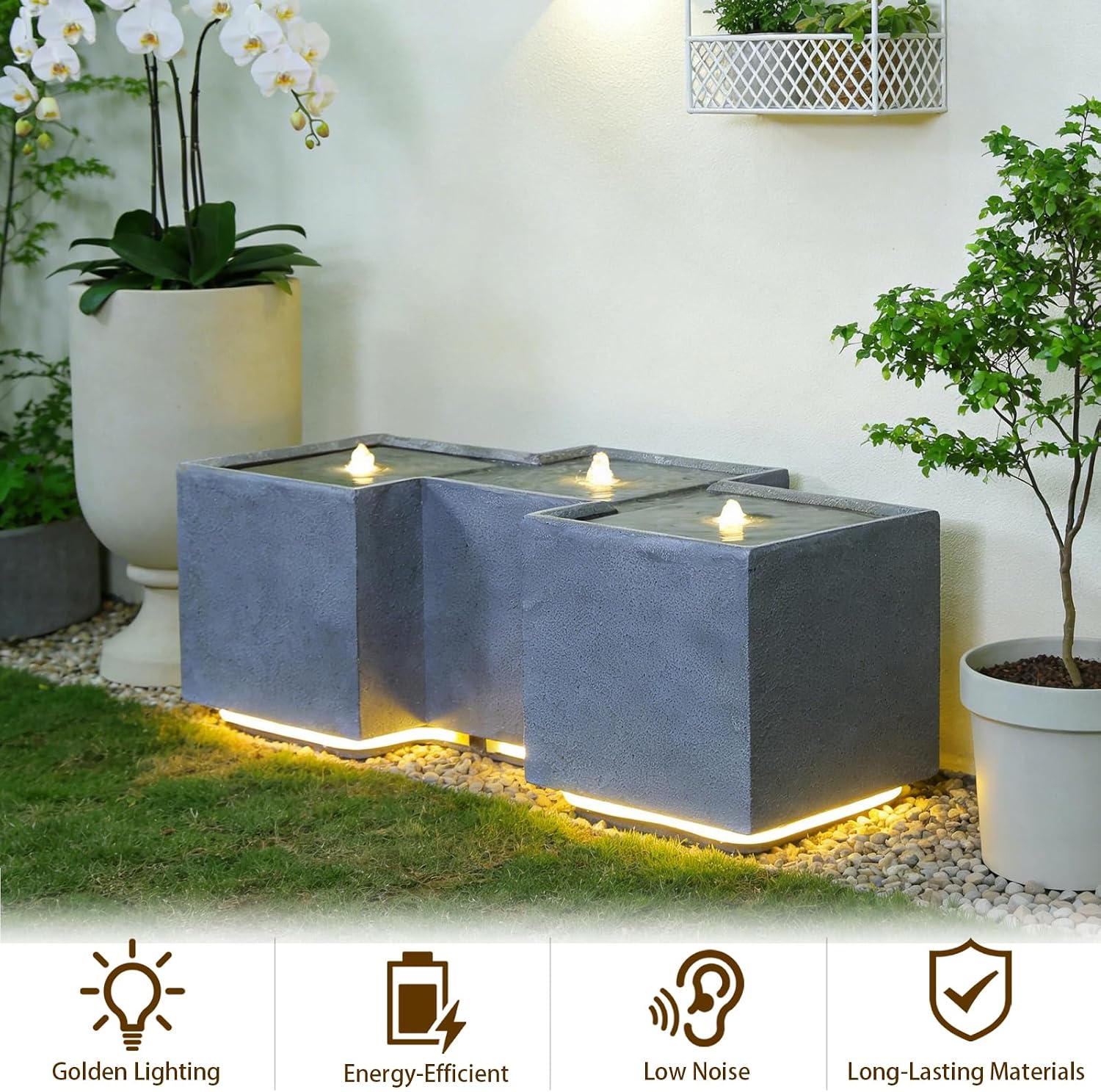 Sunlinua Small Modern Outdoor Water Fountain with 3 Led Lights Tiered Cascading Waterfall Feature with Quiet Pump Floor Water Fountain for Patio Garden Backyard Decking Home and Indoor Décor Brown