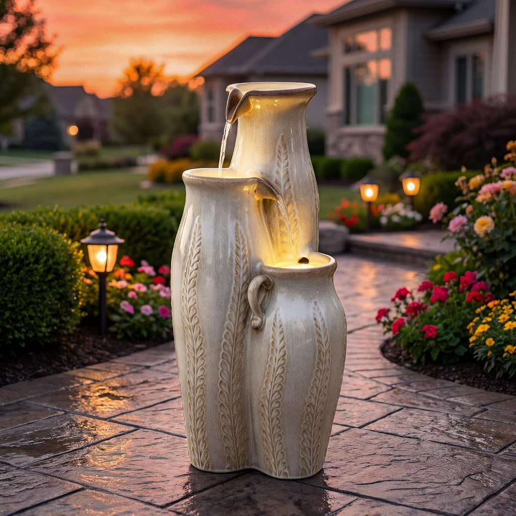 29.5' H Ceramic Outdoor Water Fountain with LED Lights, 3-Tier Vase Cascading Water Feature, Beige Glaze with Embossed Leaf Patterns, Tranquil Waterfall for Garden, Patio, Yard, or Porch