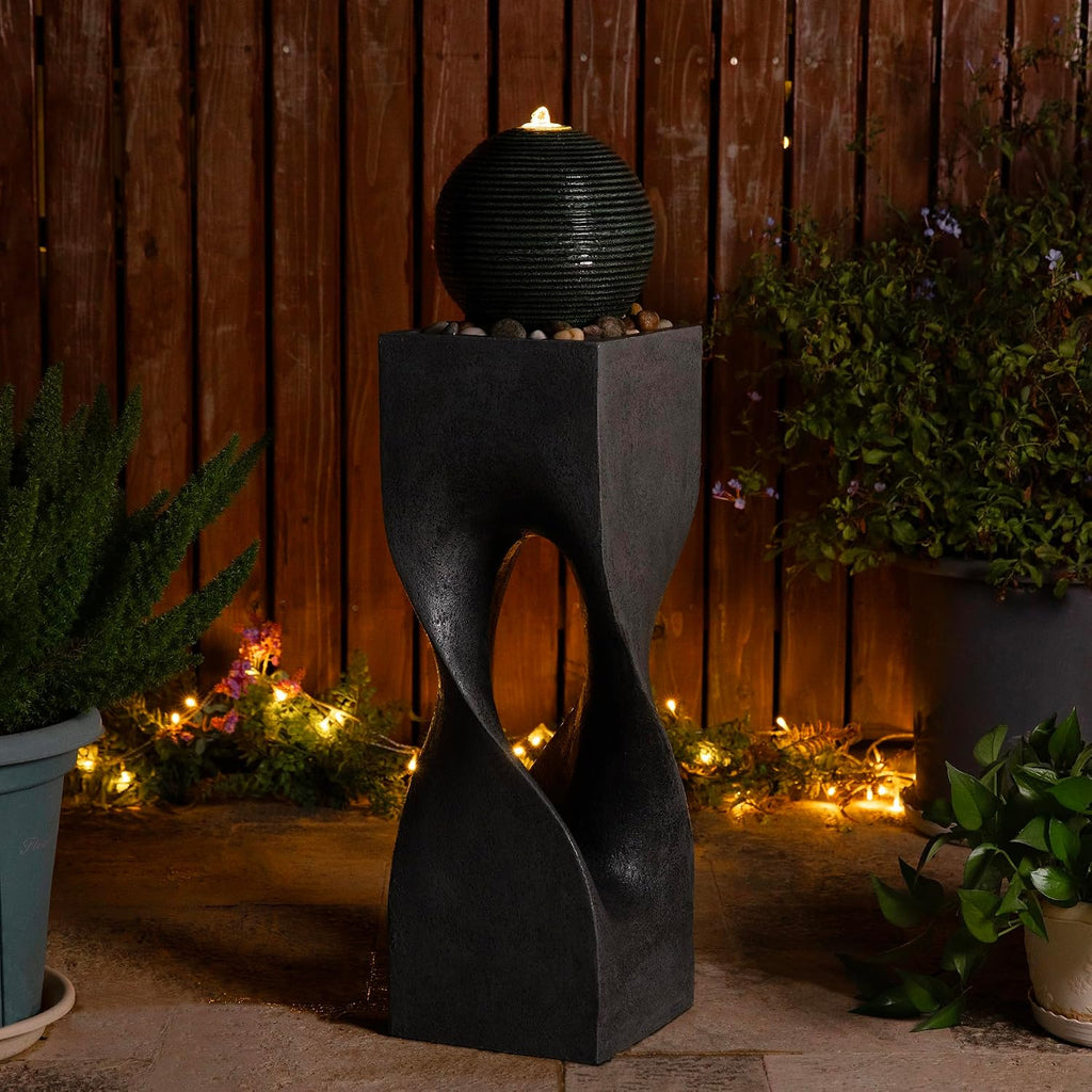 Glitzhome Outdoor Water Fountain, Outdoor Fountain with Lights, 36.5' H Modern Geometric Pedestal and Sphere Polyresin Outdoor Floor Standing Fountain with Pebbles, Pump for Garden, Patio, Backyard