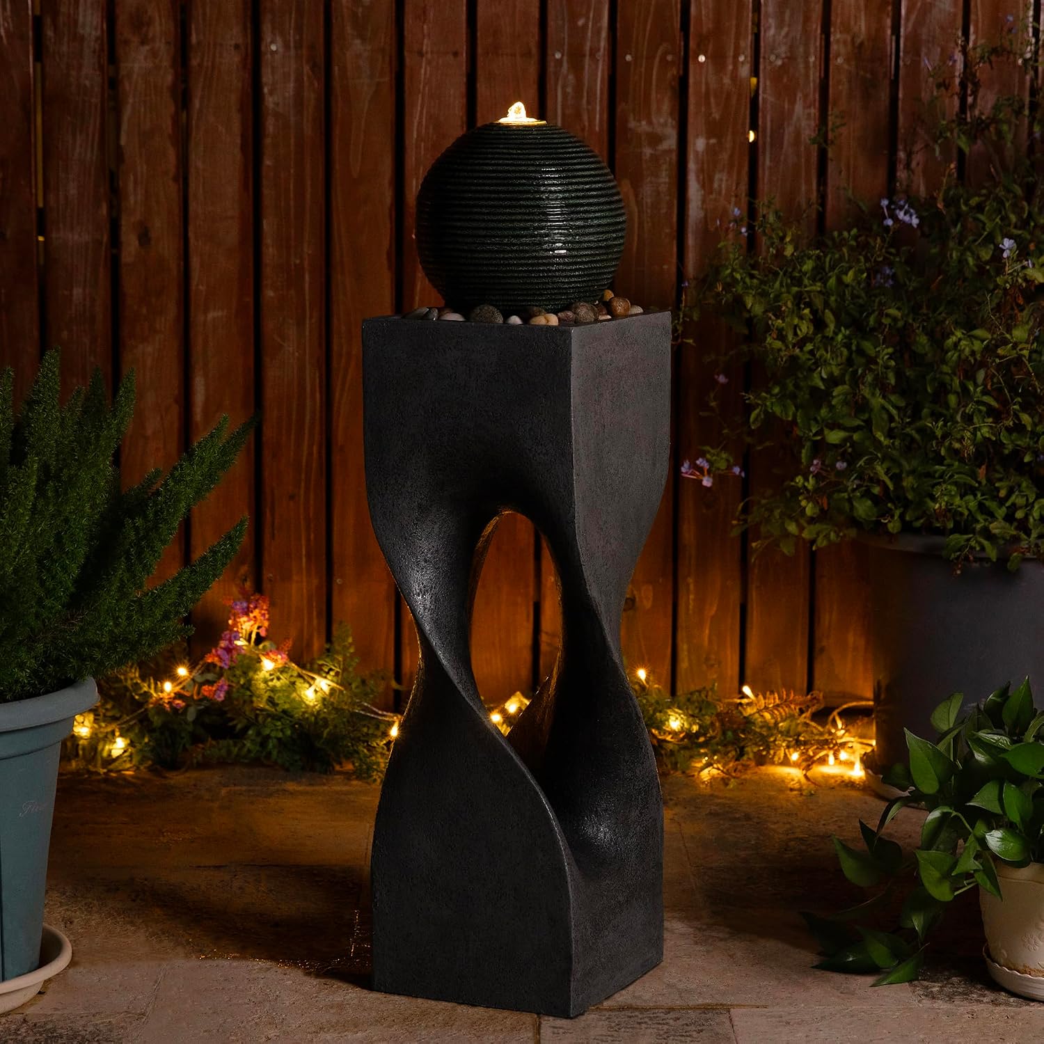 Glitzhome Outdoor Water Fountain, Outdoor Fountain with Lights, 36.5' H Modern Geometric Pedestal and Sphere Polyresin Outdoor Floor Standing Fountain with Pebbles, Pump for Garden, Patio, Backyard