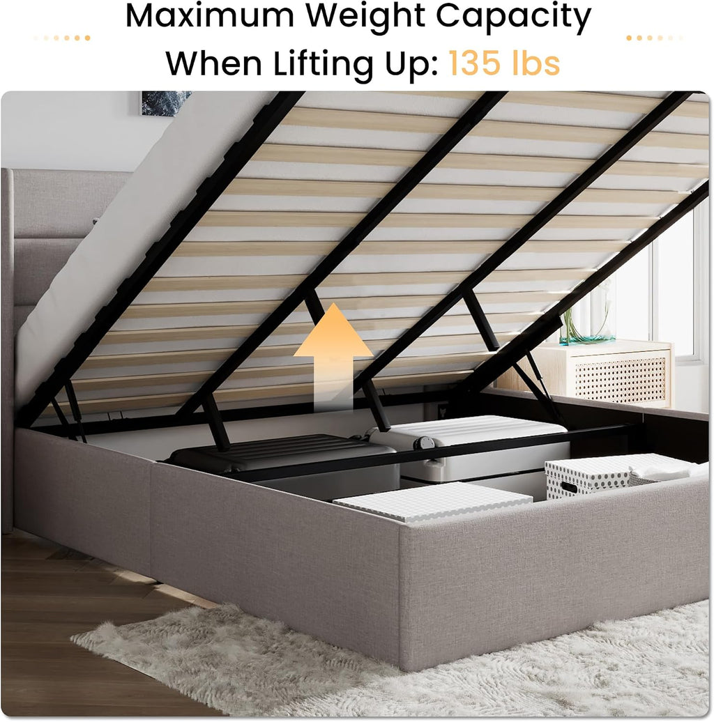 SHA CERLIN King Size Lift Up Storage Bed/Modern Wingback Headboard/Upholstered Platform Bed Frame/Hydraulic Storage/No Box Spring Needed/Wood Slats Support/Light Beige