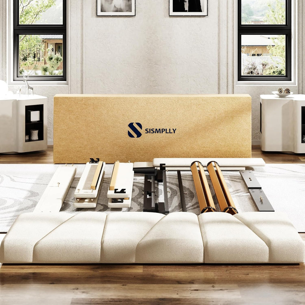 King Size Platform Bed Frame with Upholstered Headboard, Wooden Slats Support, Noise Free, No Box Spring Needed, Easy Assembly, Beige, Velvet