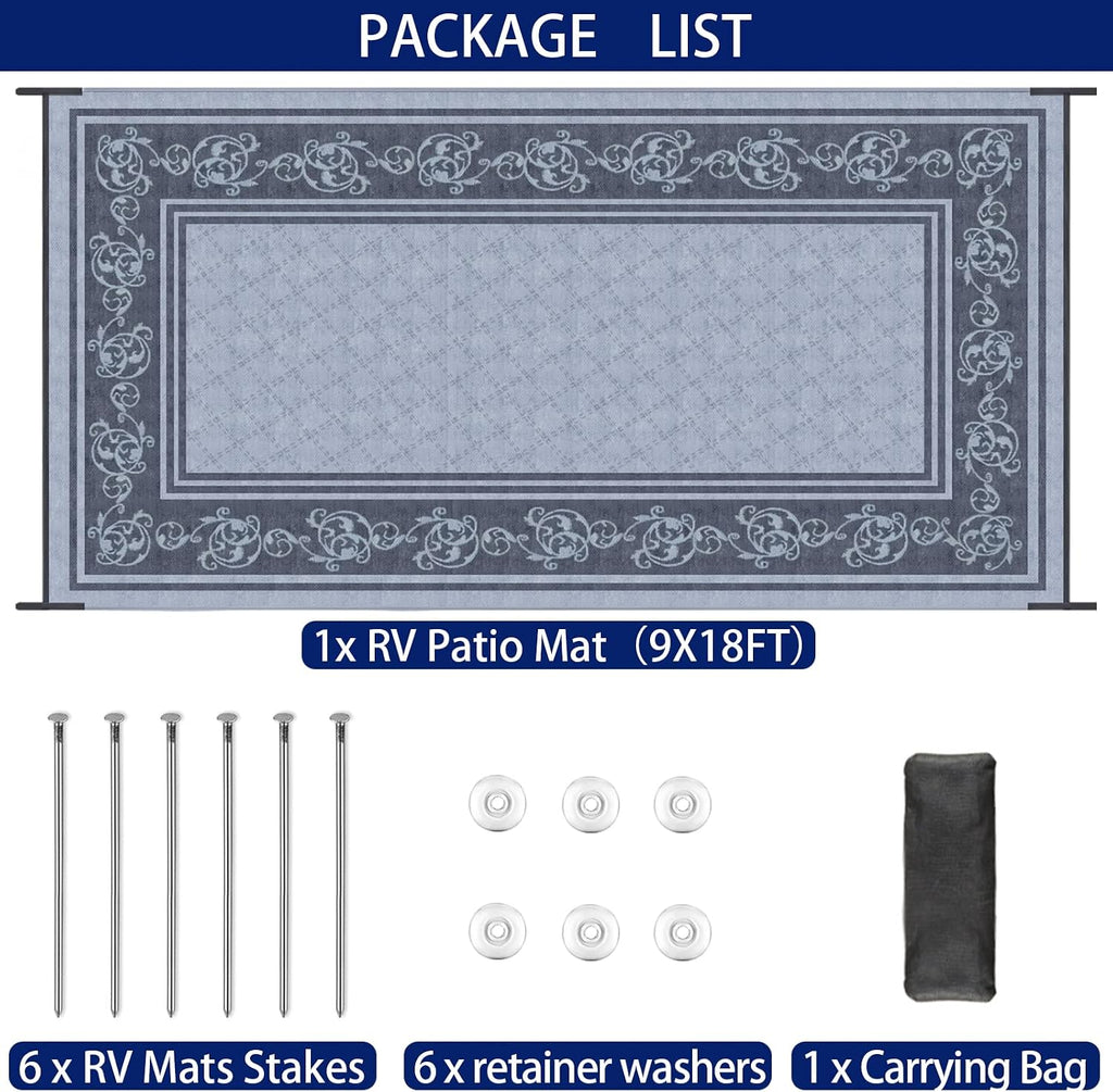 EEZ RV Products 9ft x 18ft Heavy Duty Reversible/Durable Outdoor Patio/RVing Camping Mats Come with Large Storage Bag & 6 Sets of Stakes and Washer, Vine Grey