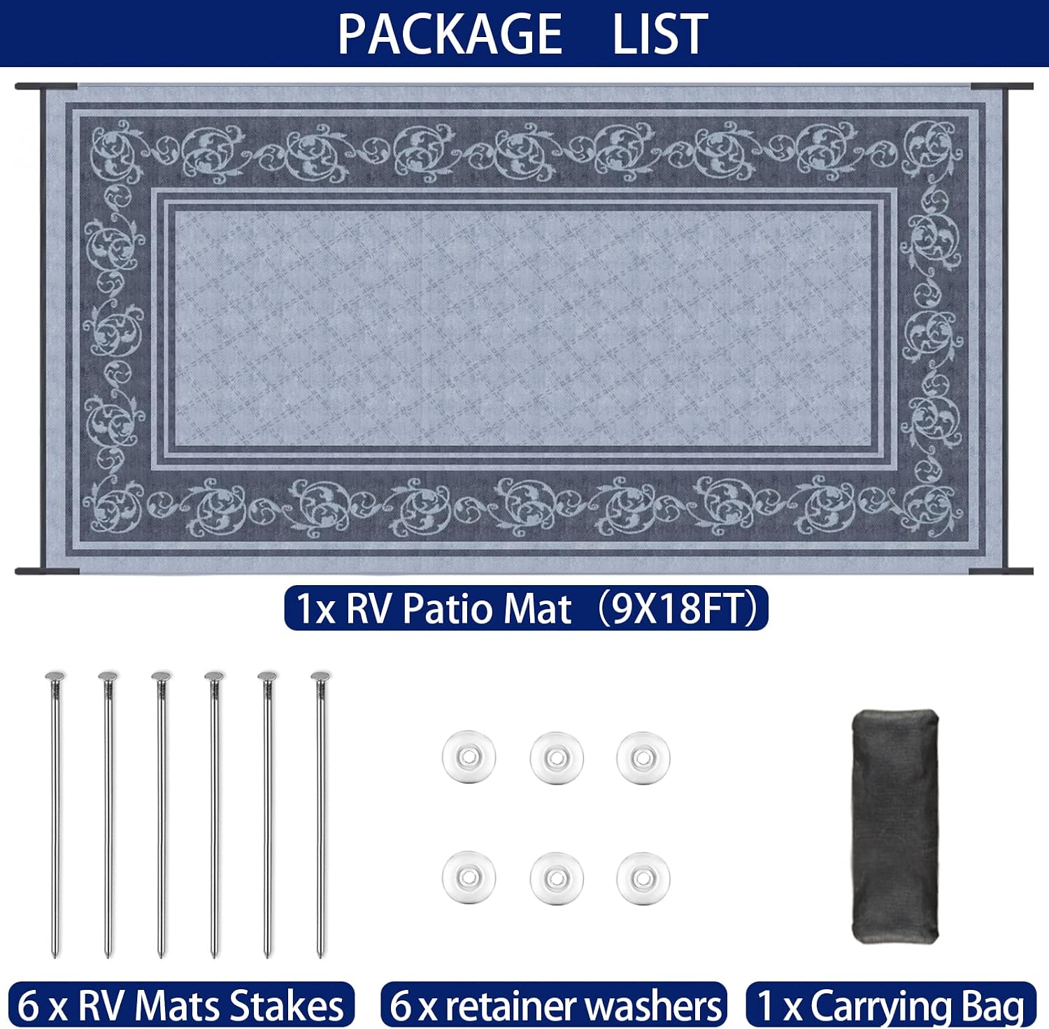EEZ RV Products 9ft x 18ft Heavy Duty Reversible/Durable Outdoor Patio/RVing Camping Mats Come with Large Storage Bag & 6 Sets of Stakes and Washer, Vine Grey