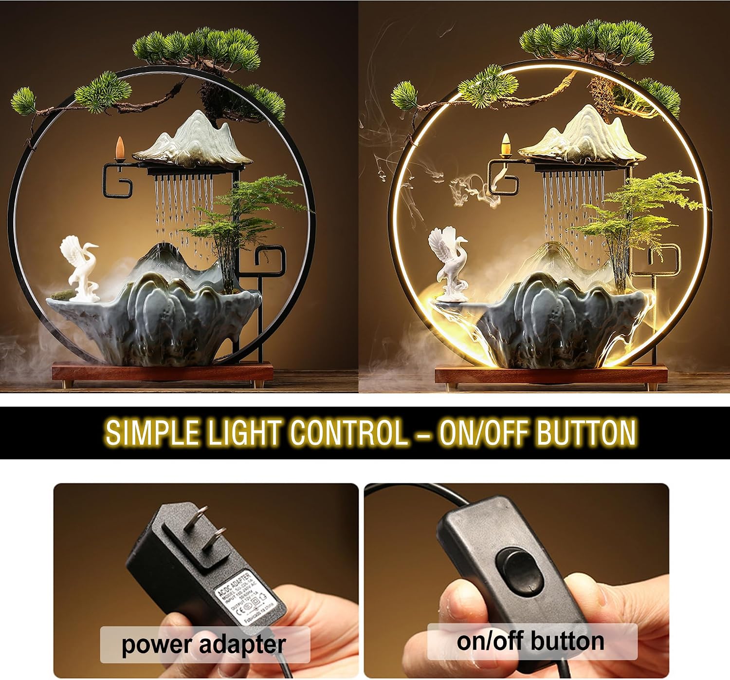 Tabletop Water Fountain Indoor Animals Desktop Waterfall Fountain with Lights Mist Backflow Incense Holder Meditation Relaxing Indoor Zen Decor for Home, Office (Peacock, Horse & Crane)