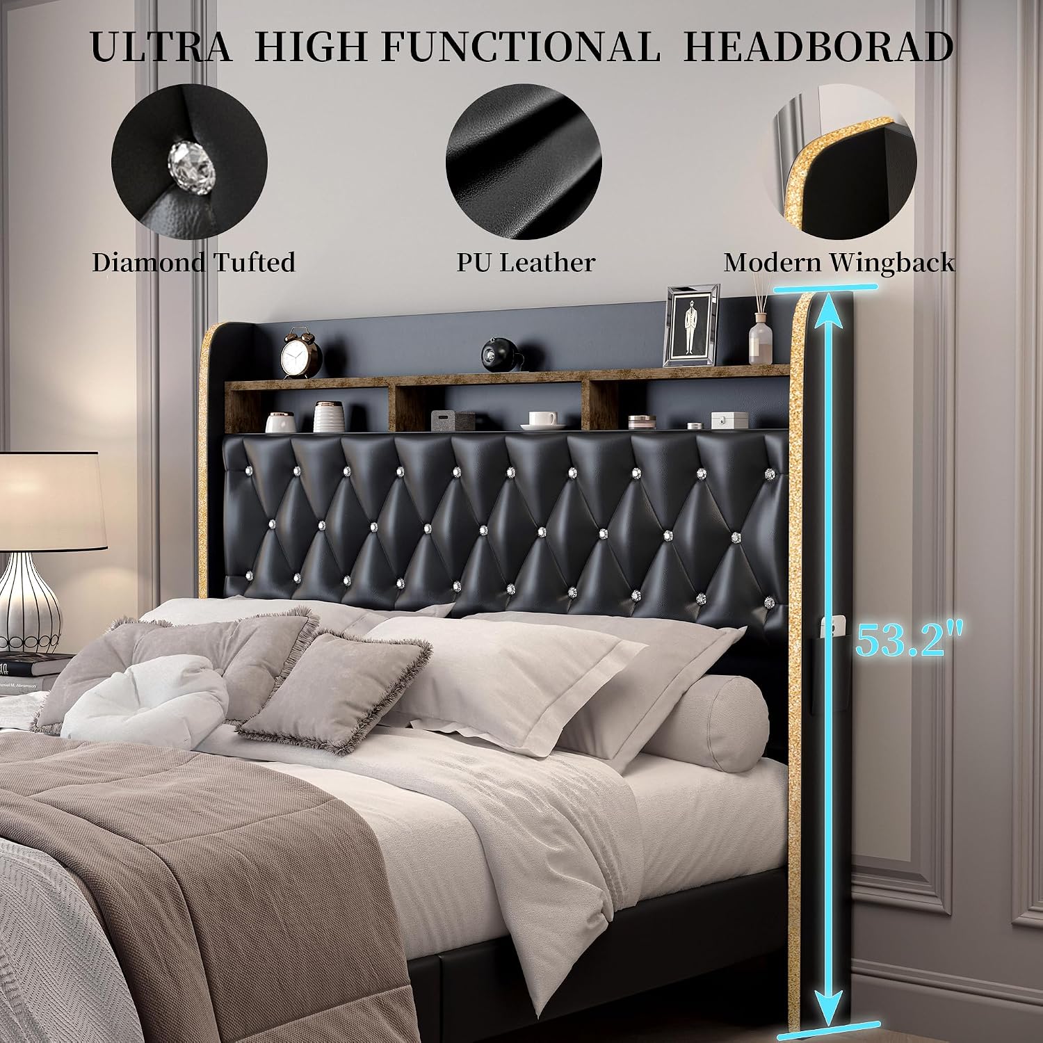 SIBEDS Queen LED Bed Frame with 2 Storage Drawers, PU Upholstered Platform Beds with Galaxy Star Projector Charging Station Speaker, Aurora Bedframe with 2-Tier Storage Headboard, Noise-Free, Black