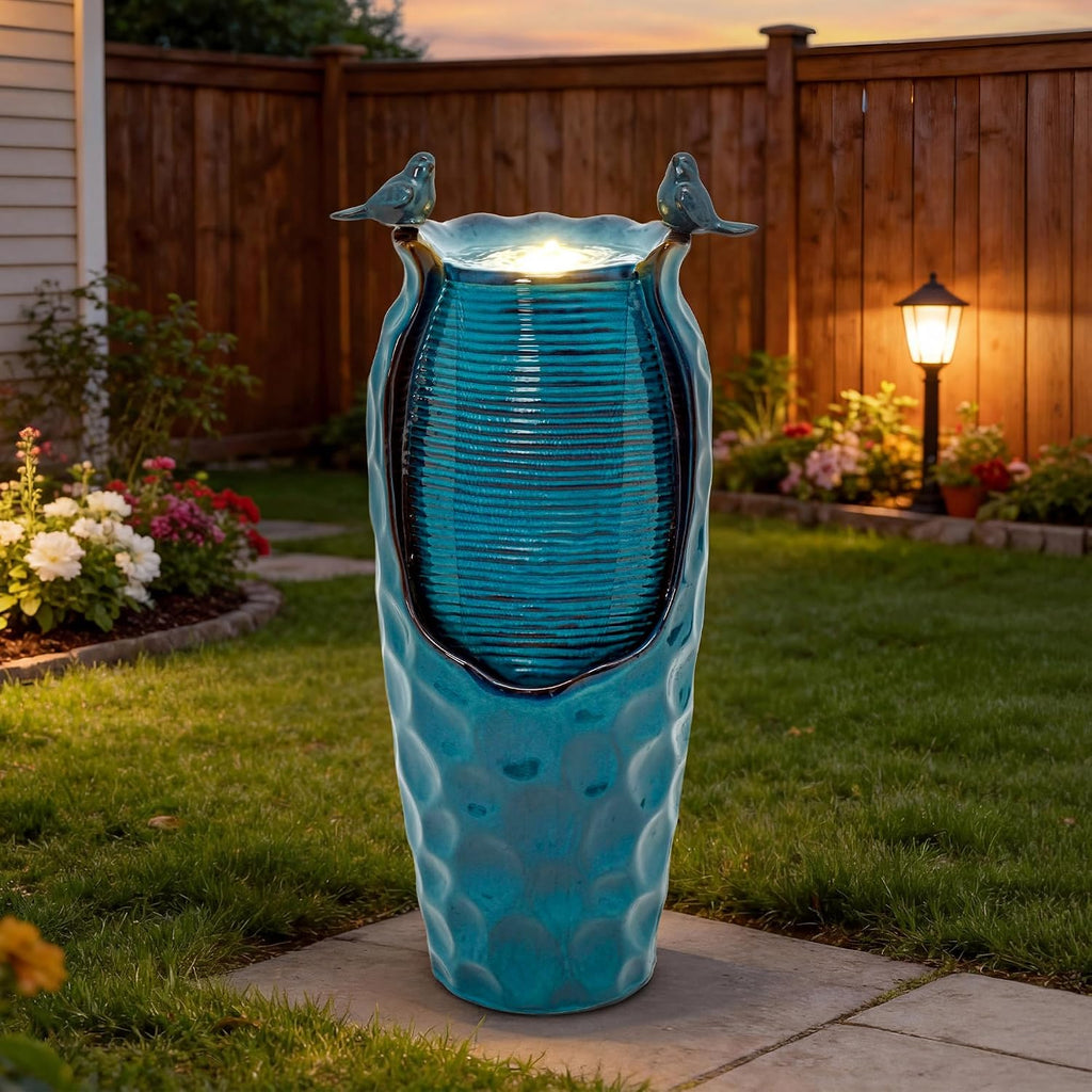 32.5' H Ceramic Jar Outdoor Fountain, Honeycomb Pot Water Feature with LED Lights, Soothing Trickling Waterfall for Garden, Patio, Yard, Balcony Oasis, KD Vivid Birds, Turquoise Glaze