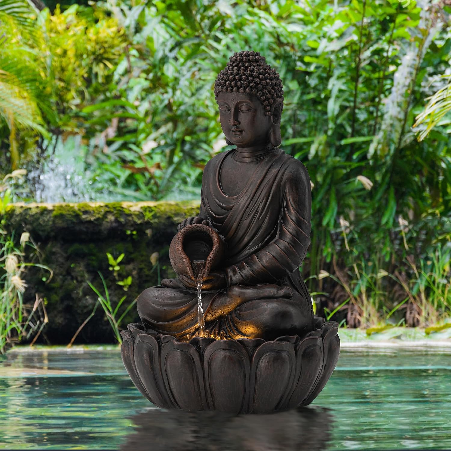 Glitzhome Buddha Fountain Outdoor 2 Tier Zen Style Buddha Water Fountains with Pump & LED Light, Buddha Fountains and Waterfalls Outdoor Floor Fountain Buddha Statues for Garden Patio Backyard 20.5'H