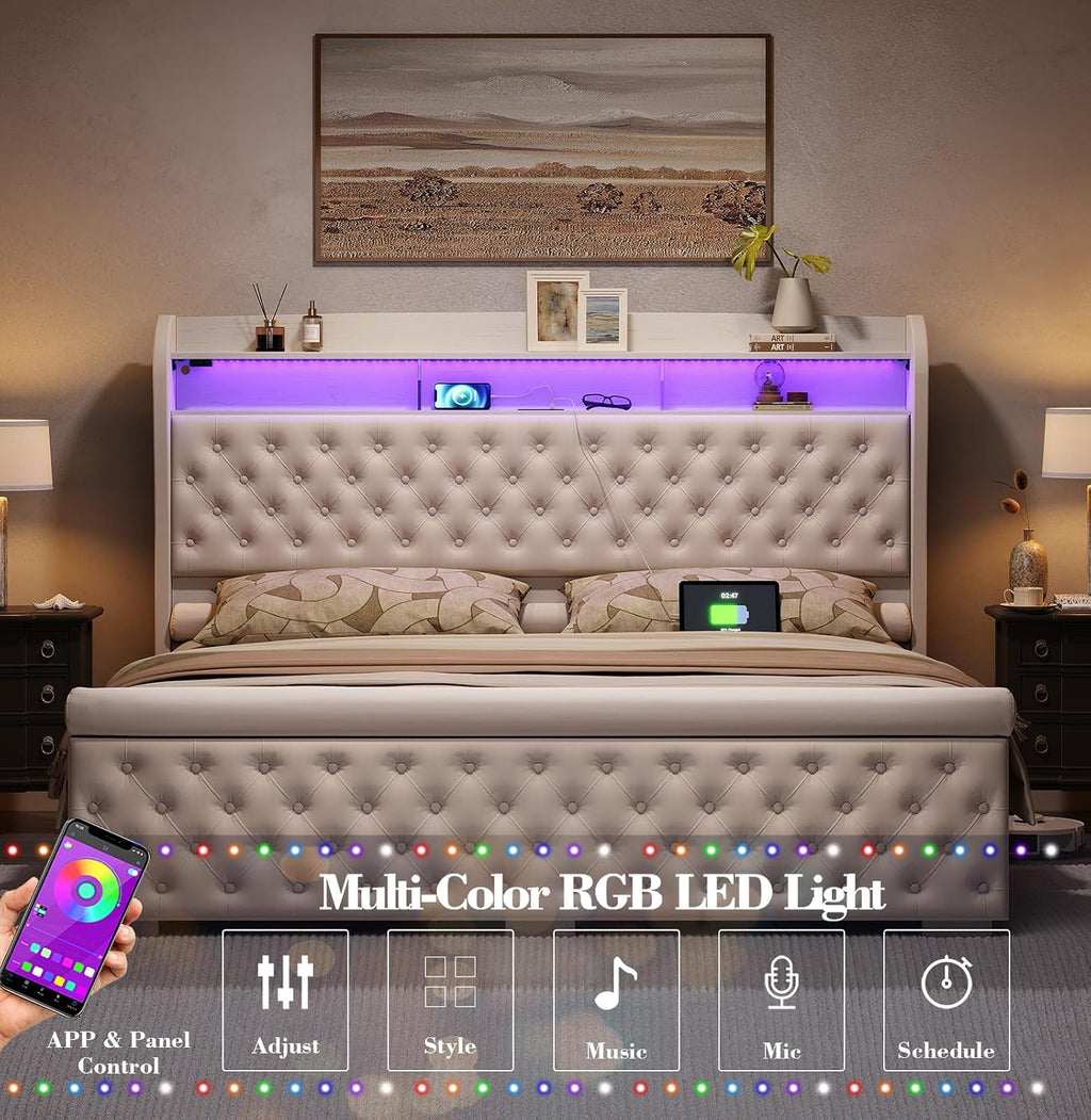 ROCHECASA Bed Frame with Storage and Charging Station, 50.6' Tall Velvet Upholstered Sleigh Bed with Wingback Bookcase Headboard with LED Light, No Box Spring Needed, Easy Assemble, Twin, Cream