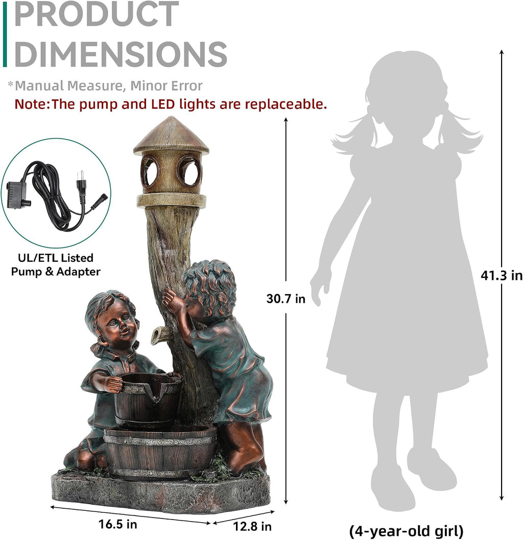 31' Boy & Girl Outdoor Water Fountain with LED Lights, Pagoda and Wood Barrel Garden Fountain, 3-Tier Cascading Waterfall for Tranquil Backyard, Patio or Porch, Faux Bronze Finish