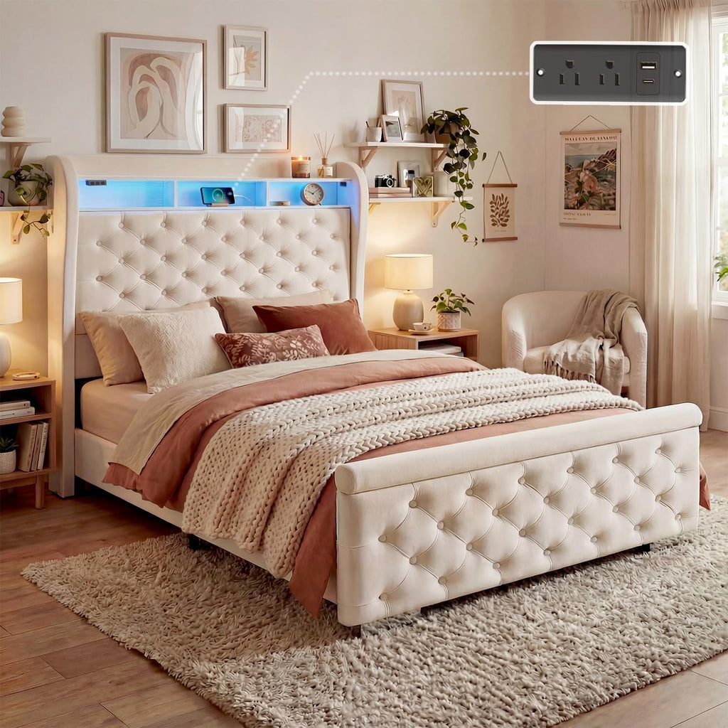 ROCHECASA Bed Frame with Storage and Charging Station, 50.6' Tall Velvet Upholstered Sleigh Bed with Wingback Bookcase Headboard with LED Light, No Box Spring Needed, Easy Assemble, Twin, Cream