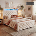 ROCHECASA Bed Frame with Storage and Charging Station, 50.6' Tall Velvet Upholstered Sleigh Bed with Wingback Bookcase Headboard with LED Light, No Box Spring Needed, Easy Assemble, Twin, Cream