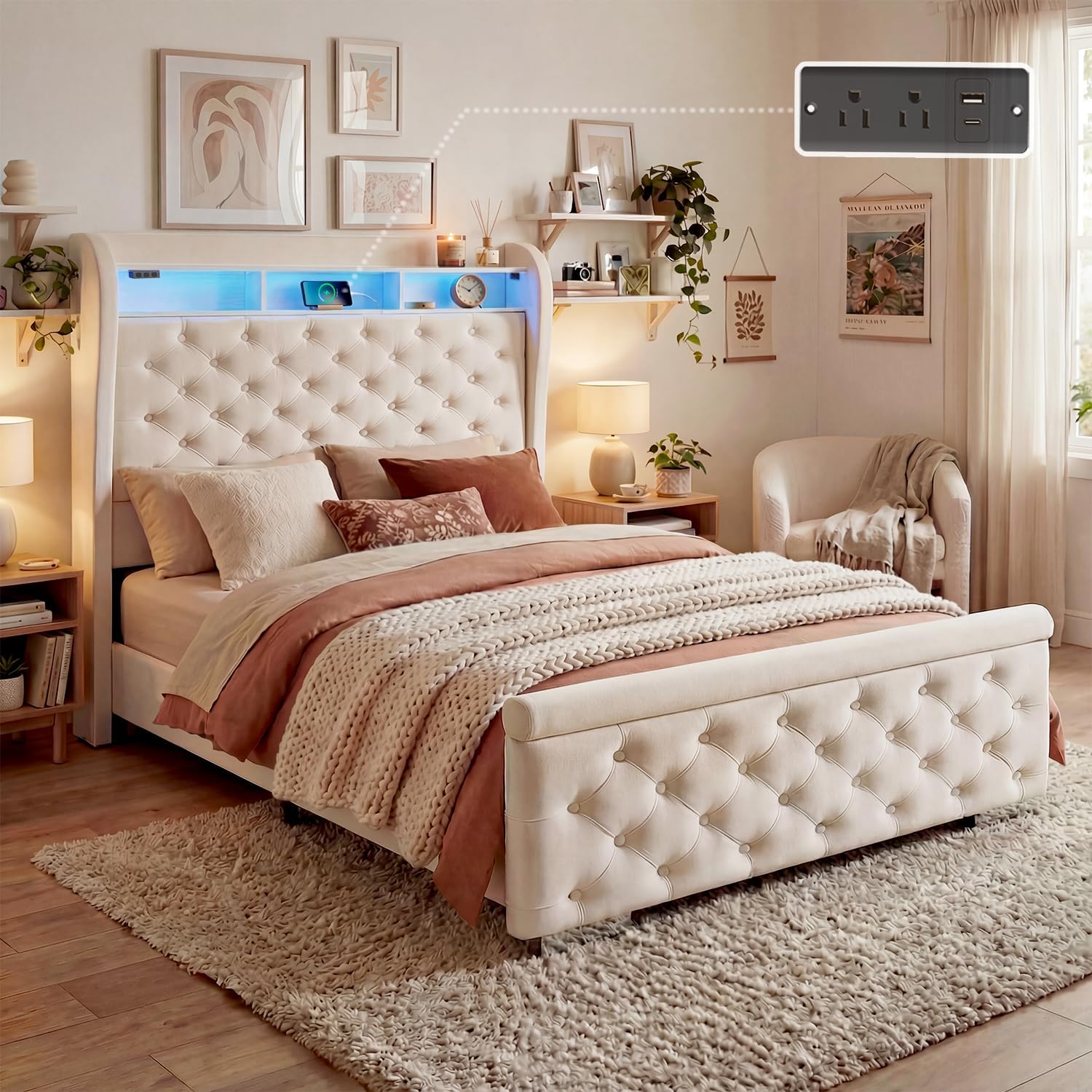 ROCHECASA Bed Frame with Storage and Charging Station, 50.6' Tall Velvet Upholstered Sleigh Bed with Wingback Bookcase Headboard with LED Light, No Box Spring Needed, Easy Assemble, Twin, Cream