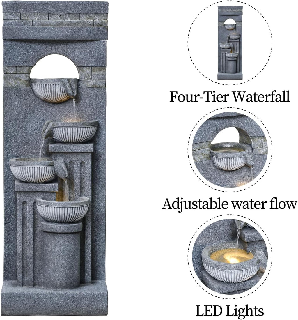 42.52' Outdoor Garden Water Fountain with Lights Floor-Standing 4 Tiers Cascading Large Waterfall Fountain for Patio, Backyard, Deck, Porch and Home Art Decor