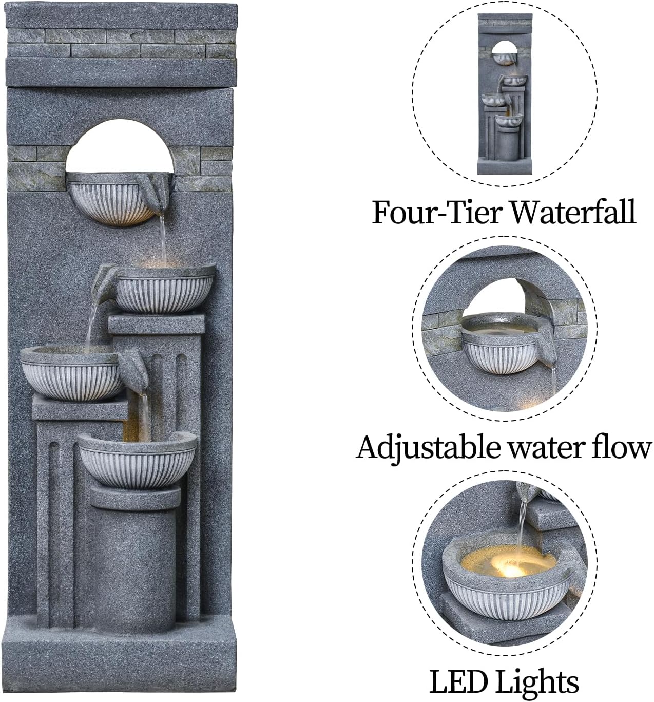 42.52' Outdoor Garden Water Fountain with Lights Floor-Standing 4 Tiers Cascading Large Waterfall Fountain for Patio, Backyard, Deck, Porch and Home Art Decor