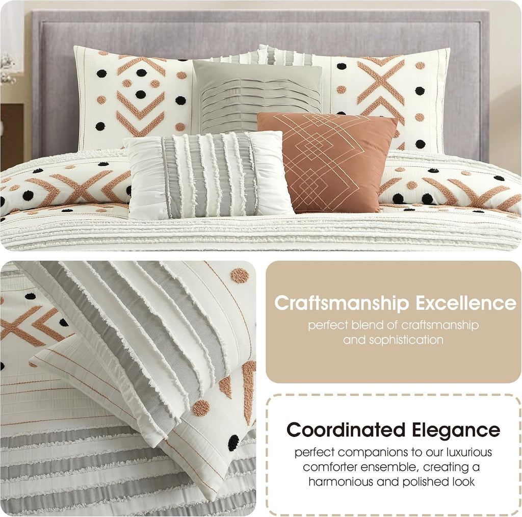 Stratford Park Taupe Terry Embroidery Comforter Set Queen Size, 7 Piece Geometric Bedding Set, All Season Home Decor, Matching Pillow Shams, Bedskirt, Decorative Pillows