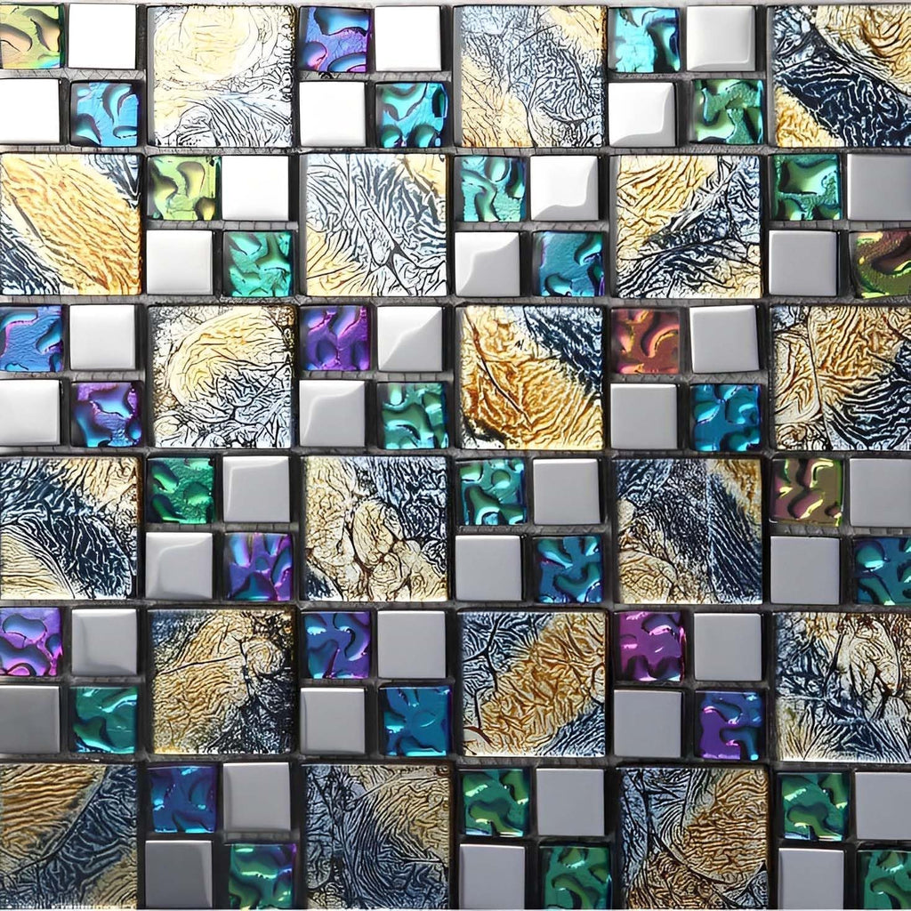 Hominter Glass Mosaic Tile Iridescent Blue, Purple & Gold Textured Chrome Metallic Wall Backsplash Sheet for Kitchen, Bathroom, Fireplace, Accent Walls (6 Square Feet)