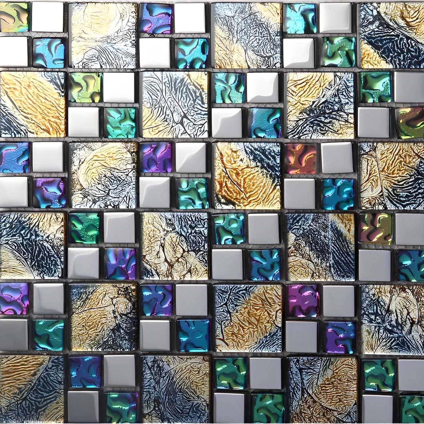Hominter Glass Mosaic Tile Iridescent Blue, Purple & Gold Textured Chrome Metallic Wall Backsplash Sheet for Kitchen, Bathroom, Fireplace, Accent Walls (6 Square Feet)