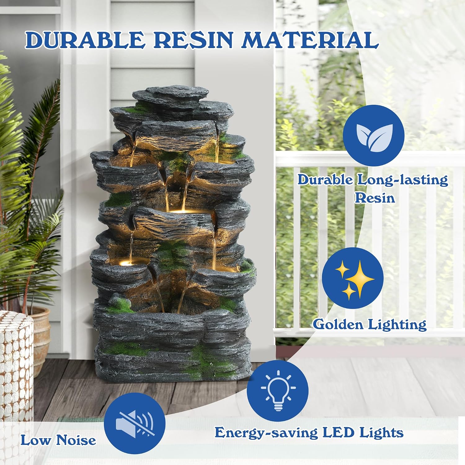 TITIMO 7-Tier Cascading Rock Water Fountain Outdoor Garden Waterfall with Lights,Fountain Indoor Decor for Garden, Patio, Backyard, Deck, Porch and Home Art Decor (24' H)