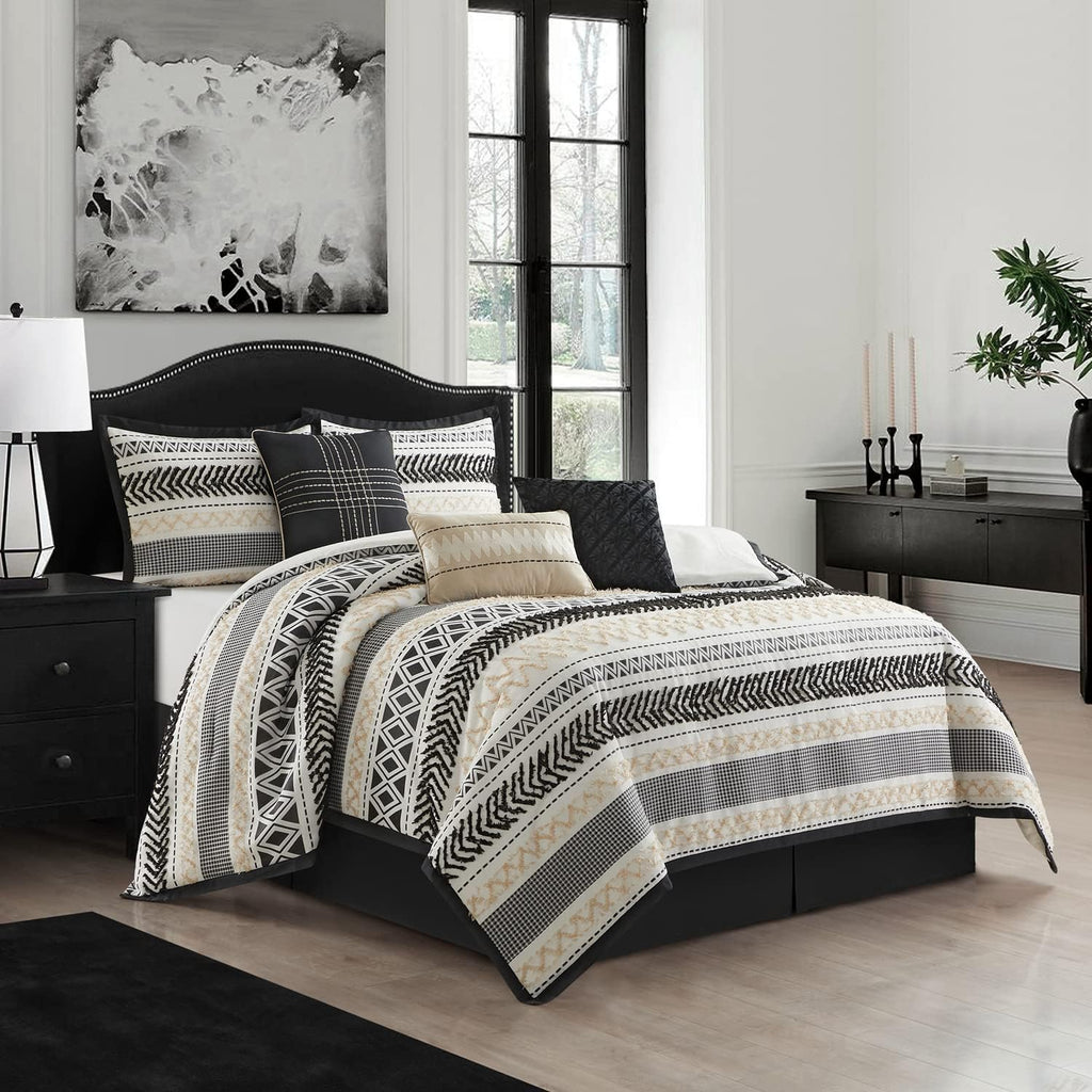Startford Park Striped California King Comforter Set, 7 Piece,Black & Gold, Jacquard & Clip Geometric All Season Premium Bedding Set, Bedskirt, Pillows & Shams