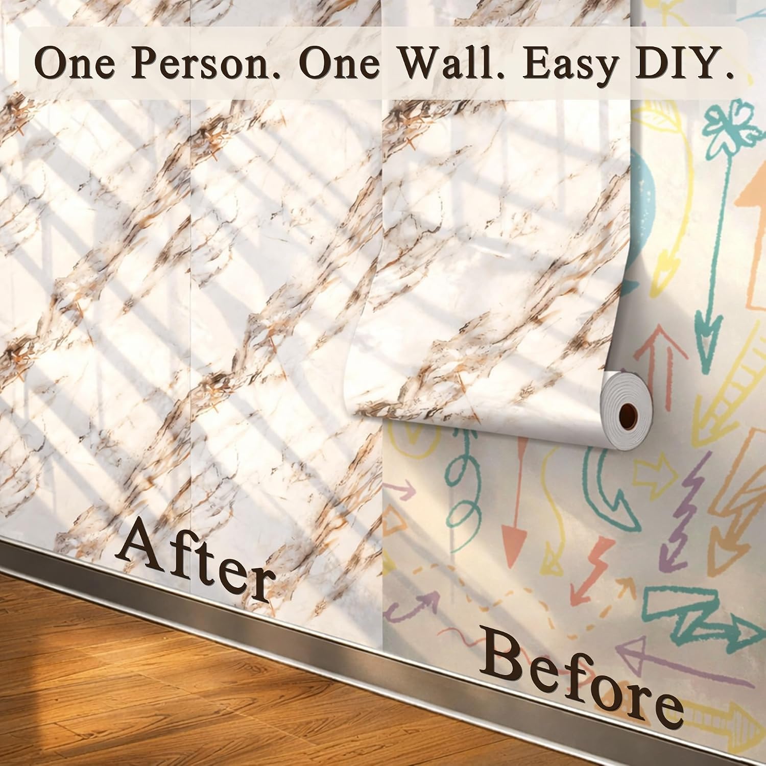 Brown Carrara Marble Peel and Stick Wallpaper, Glossy Texture Vinyl Wall Panels, Waterproof Renter Friendly, 47.2' x 394', TV Accent Wall, Bathroom, Foyer, Coffee Shop Decor
