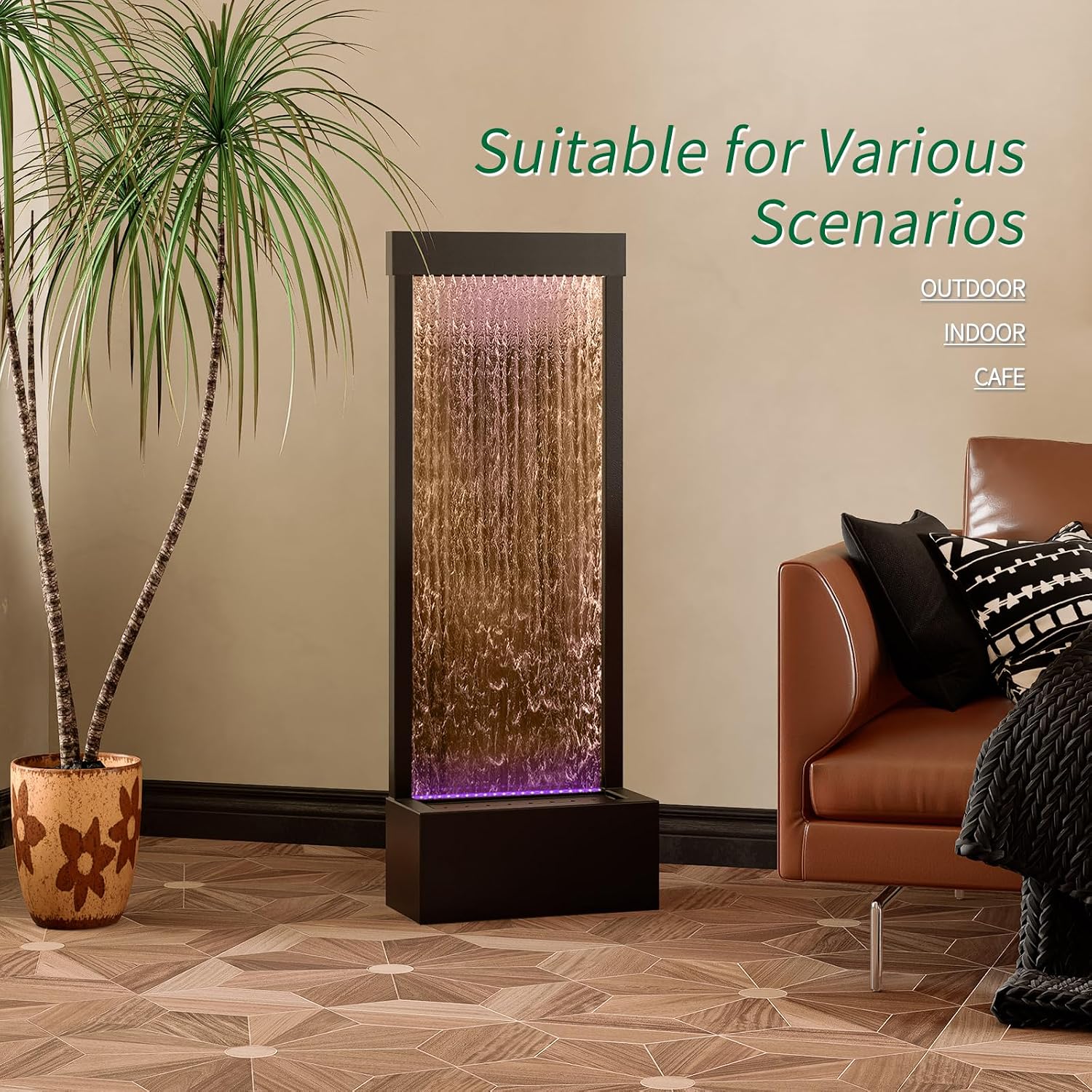 LONGRUN 48' Indoor Waterfall with App-Controlled RGB Lights, Elegant Floor Fountain, Floor Standing Water Feature, Indoor Fountain & Waterfall Freestanding Home Decor Easy Setup Water Fall Black-Brown