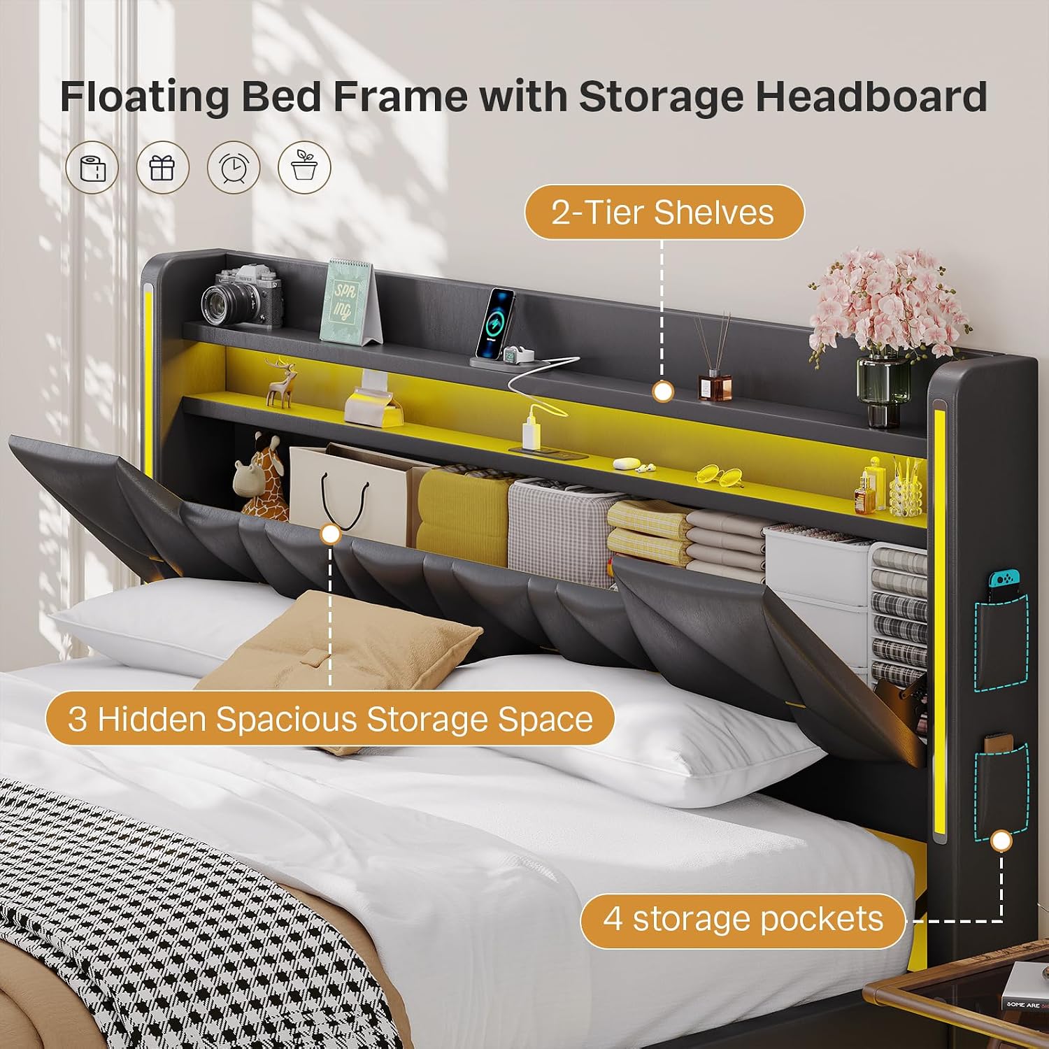 Dnxao King Size Floating Bed Frame with Storage Headboard, Tall 44' Upholstered Platform Bed with Charging Station, Dual-Zone LED Lights, No Box Spring Needed, PU Black