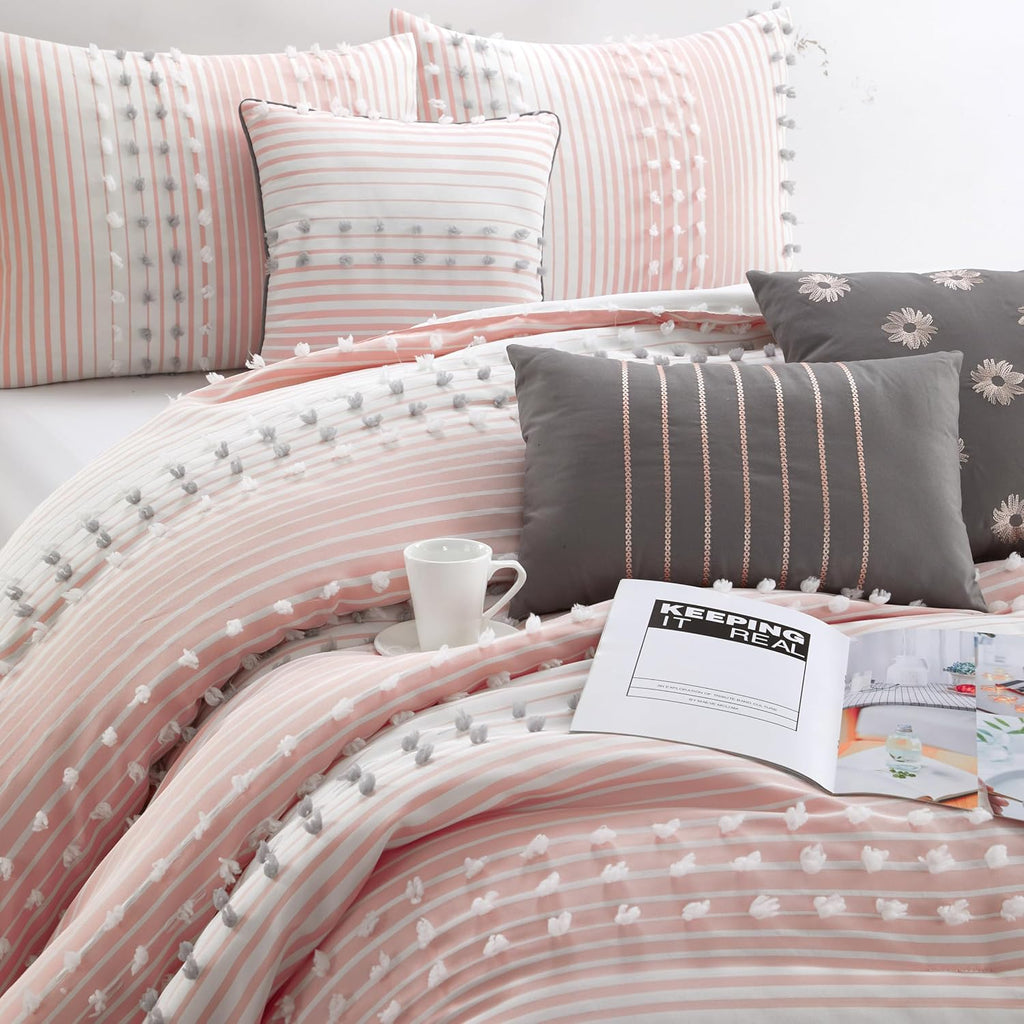 Grand Avenue Pink Striped Dots Cal King Comforter Set, 7 Piece, Jaquard & Clip Bedding Comforters & Sets, Bedskirt, Pillows & Shams, All Season Bedding Set