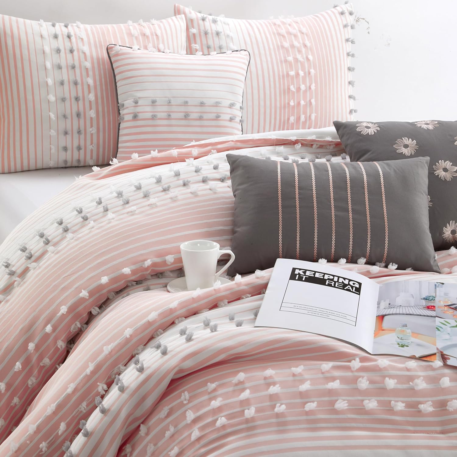 Grand Avenue Pink Striped Dots Cal King Comforter Set, 7 Piece, Jaquard & Clip Bedding Comforters & Sets, Bedskirt, Pillows & Shams, All Season Bedding Set