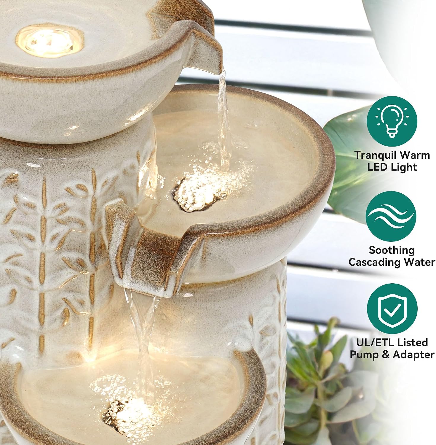 28' H Ceramic Outdoor Water Fountain with LED Lights, 3-Tier Cascading Bowls Water Feature, Tranquil Waterfall for Relaxing Garden, Patio, Yard, or Porch, Beige Glaze, Embossed Leaf Patterns