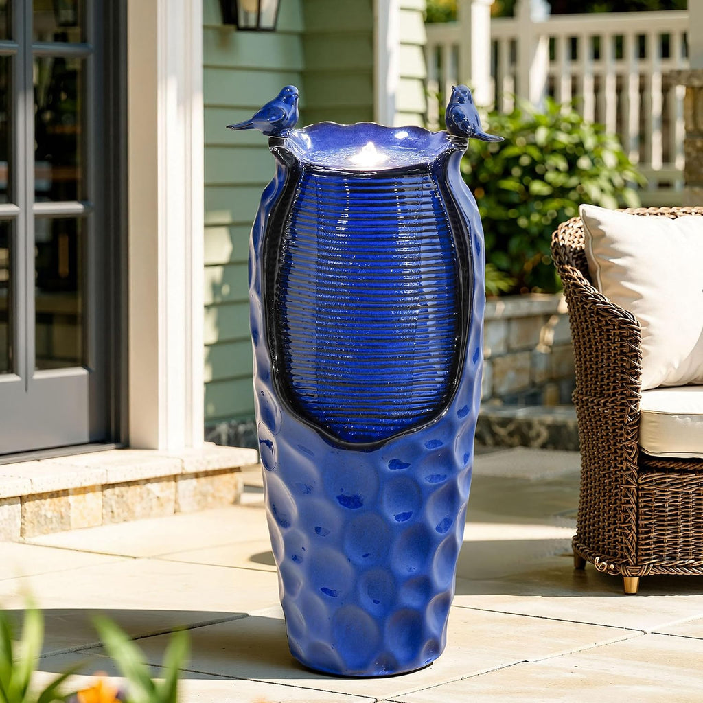 33' H Ceramic Jar Outdoor Water Fountain, Cobalt Blue Water Feature with Hammered Texture & Birds, Soothing Cascading Waterfall for Outside Garden Patio Yard Porch Decor, Mom Gift